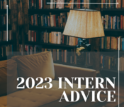 Image of a couch and map in a library, with text over that reads '2023 Intern Advice'